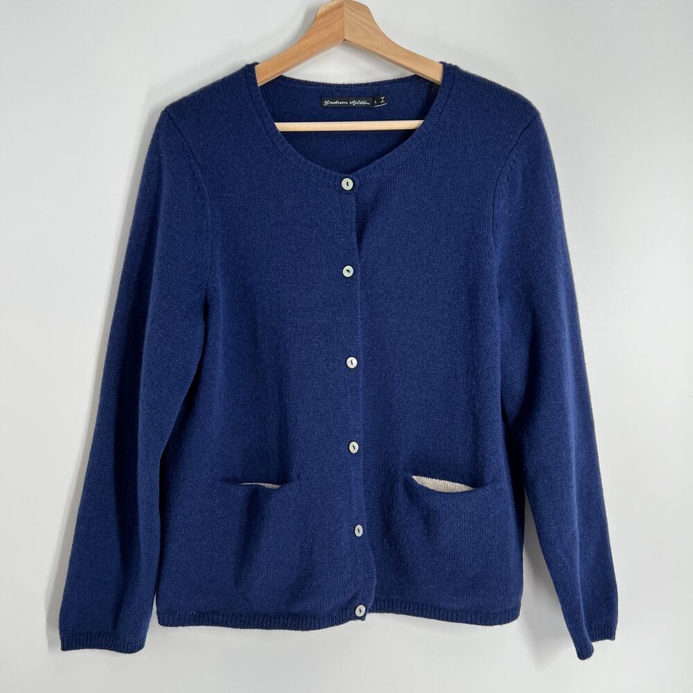 Gudrun Sjorden 100% Wool Button Cardigan Women Large Navy Blue Pockets Crew Neck - Picture 1 of 8